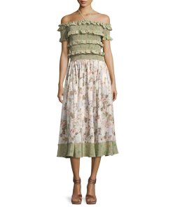 Rebecca Taylor Off-The-Shoulder Mixed Print Dress