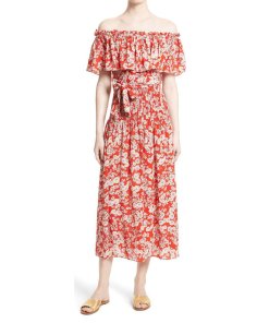 Rebecca Taylor Cherry Blossom Off-the-Shoulder Silk Dress
