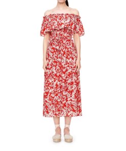 Rebecca Taylor Cherry Blossom Off-the-Shoulder Silk Dress