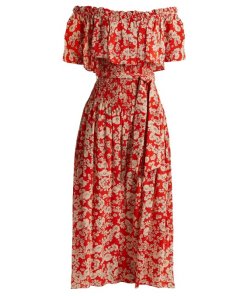 Rebecca Taylor Cherry Blossom Off-the-Shoulder Silk Dress