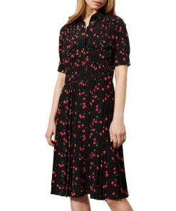 Chinti and Parker Cherry Print Pleated Silk Shirtdress