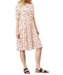 Chinti and Parker Cherry Print Pleated Silk Shirtdress