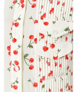 Chinti and Parker Cherry Print Pleated Silk Shirtdress