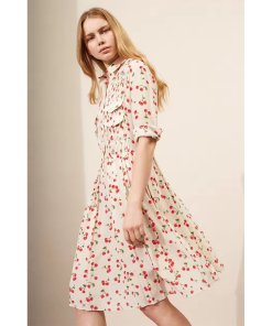 Chinti and Parker Cherry Print Pleated Silk Shirtdress