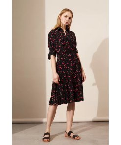 Chinti and Parker Cherry Print Pleated Silk Shirtdress