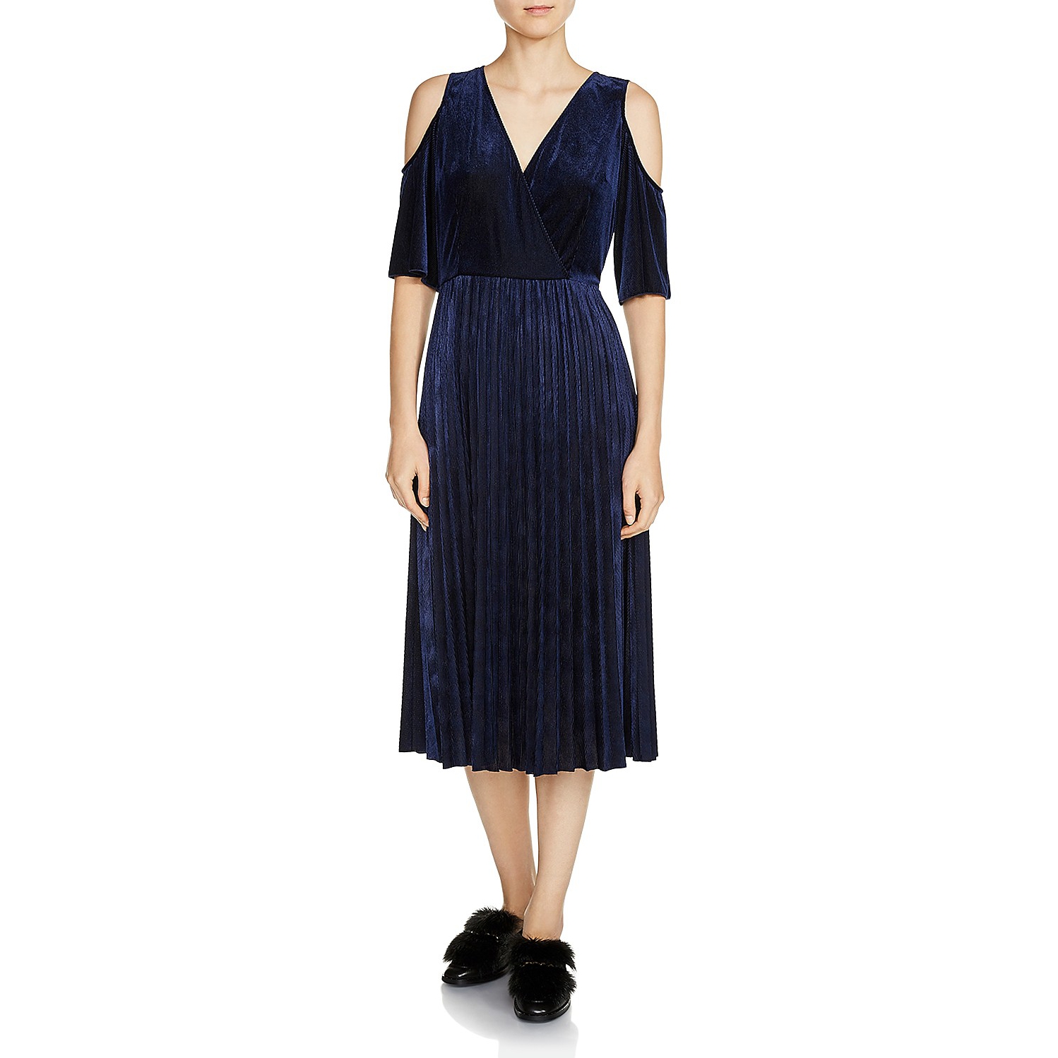 Maje Ragui Cold-Shoulder Pleated Velvet Dress