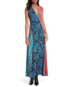 Diane von Furstenberg Sleeveless Paneled Floral Silk Maxi Dress