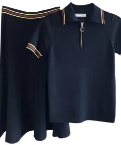 Sandro Striped Detail Knit Polo Top & Midi Skirt