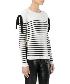 RED Valentino Bow Cold-Shoulder Striped Sweater