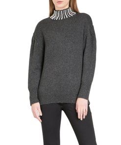 Sandro Faux Pearl Embellished Mockneck Sweater