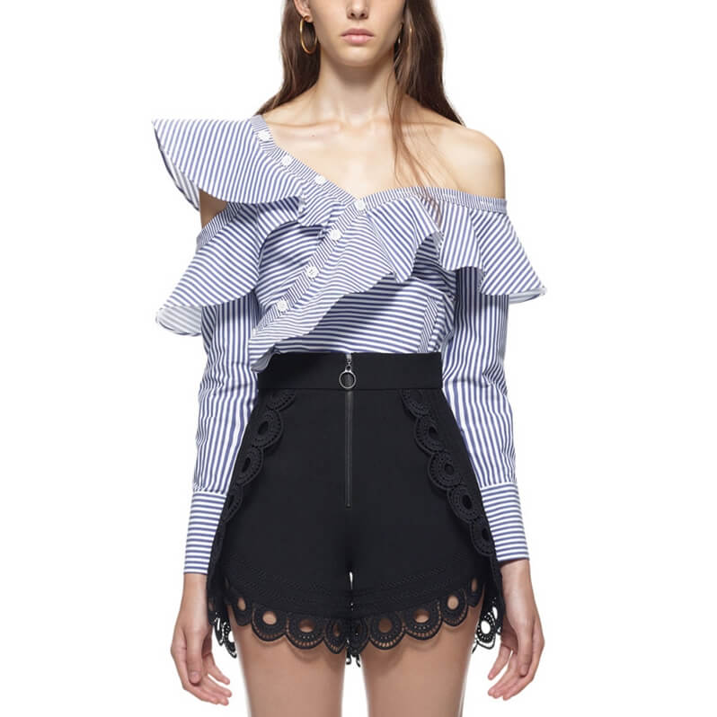 Self-Portrait Striped Asymmetric Ruffle Top