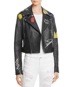 Alice + Olivia X Basquiat Cody Embellished Leather Biker Jacket