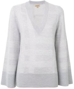 Burberry Angell Bell-Sleeve Check Merino Blend V-Neck Sweater
