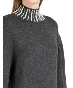 Sandro Faux Pearl Embellished Mockneck Sweater