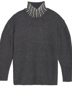 Sandro Faux Pearl Embellished Mockneck Sweater