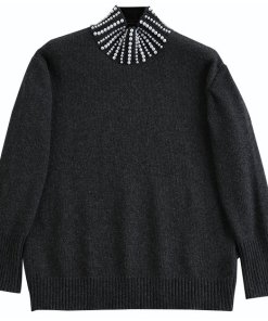 Sandro Faux Pearl Embellished Mockneck Sweater