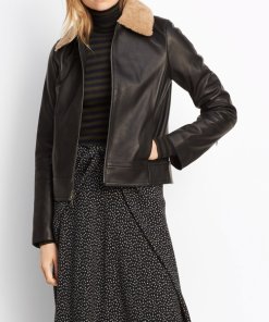 Vince Detachable Shearling Collar Leather Jacket
