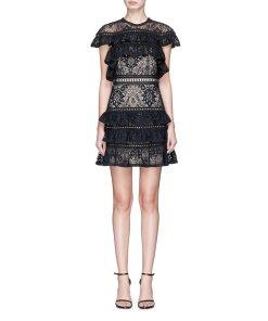 Alice + Olivia Jolie Tiered Ruffle Guipure Lace Dress