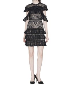Alice + Olivia Jolie Tiered Ruffle Guipure Lace Dress