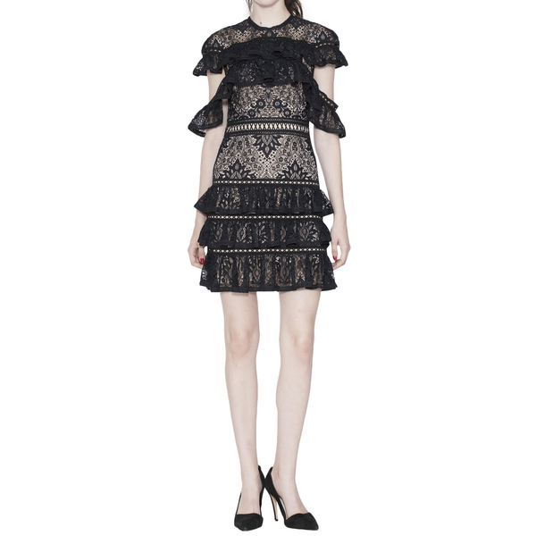 Alice + Olivia Jolie Tiered Ruffle Guipure Lace Dress