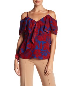 Diane von Furstenberg Ruffle Cold-Shoulder Floral Silk Blouse