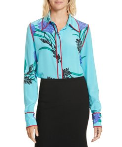 Diane von Furstenberg Farren Marine Print Contrast Piping Shirt