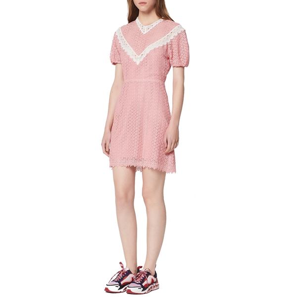 Sandro Gavin Two-Tone Puff-Sleeve Lace Dress