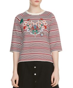 Maje Marco Floral Embroidery Striped Sweater