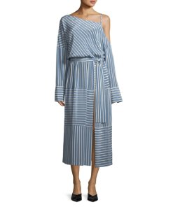 Robert Rodriguez Cold-Shoulder Striped Silk Midi Dress