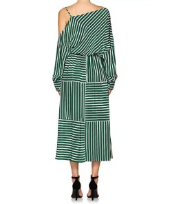 Robert Rodriguez Cold-Shoulder Striped Silk Midi Dress