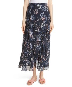 Rebecca Taylor Faded Floral Tiered Ruffle Midi Skirt