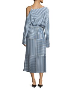 Robert Rodriguez Cold-Shoulder Striped Silk Midi Dress