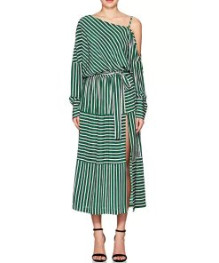 Robert Rodriguez Cold-Shoulder Striped Silk Midi Dress