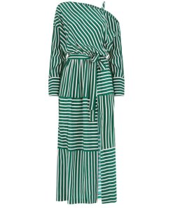 Robert Rodriguez Cold-Shoulder Striped Silk Midi Dress