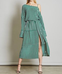 Robert Rodriguez Cold-Shoulder Striped Silk Midi Dress