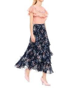 Rebecca Taylor Faded Floral Tiered Ruffle Midi Skirt