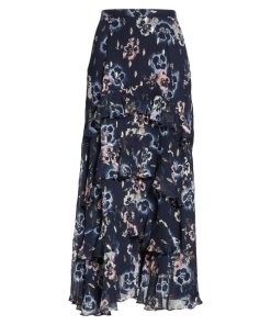 Rebecca Taylor Faded Floral Tiered Ruffle Midi Skirt