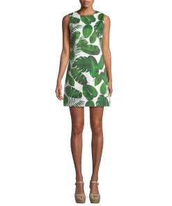 Alice + Olivia Coley Sleeveless Palm-Leaf Print A-Line Dress