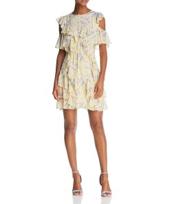 Rebecca Taylor Lemon Rose Print Cold-Shoulder Dress