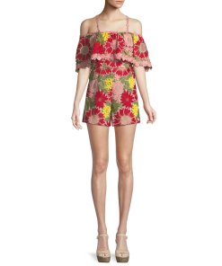 Alice + Olivia Anelle Off-the-Shoulder Lace Ruffle Romper