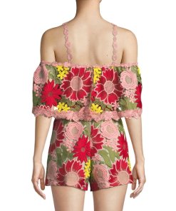Alice + Olivia Anelle Off-the-Shoulder Lace Ruffle Romper