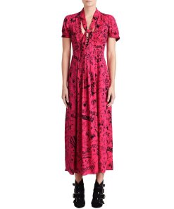 Burberry Antonina Doodle Print Silk Tie-Neck Dress