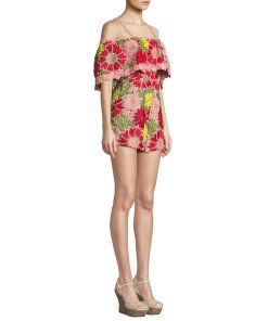 Alice + Olivia Anelle Off-the-Shoulder Lace Ruffle Romper