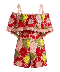 Alice + Olivia Anelle Off-the-Shoulder Lace Ruffle Romper