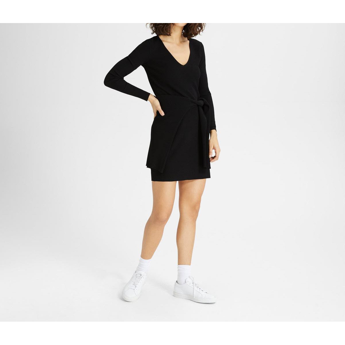 Theory Wooster Crepe Knit Long-Sleeve V-Neck Dress – evaChic