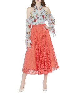 Alice + Olivia Earla High-Waist Flare Lace Midi Skirt