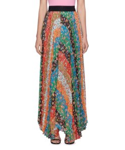 Alice + Olivia Katz Patchwork Floral Chevron Pleated Maxi Skirt