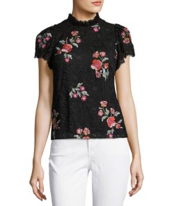 Rebecca Taylor Short-Sleeve Floral Embroidered Lace Top