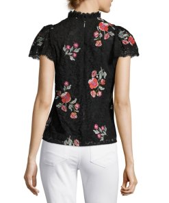 Rebecca Taylor Short-Sleeve Floral Embroidered Lace Top