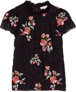 Rebecca Taylor Short-Sleeve Floral Embroidered Lace Top